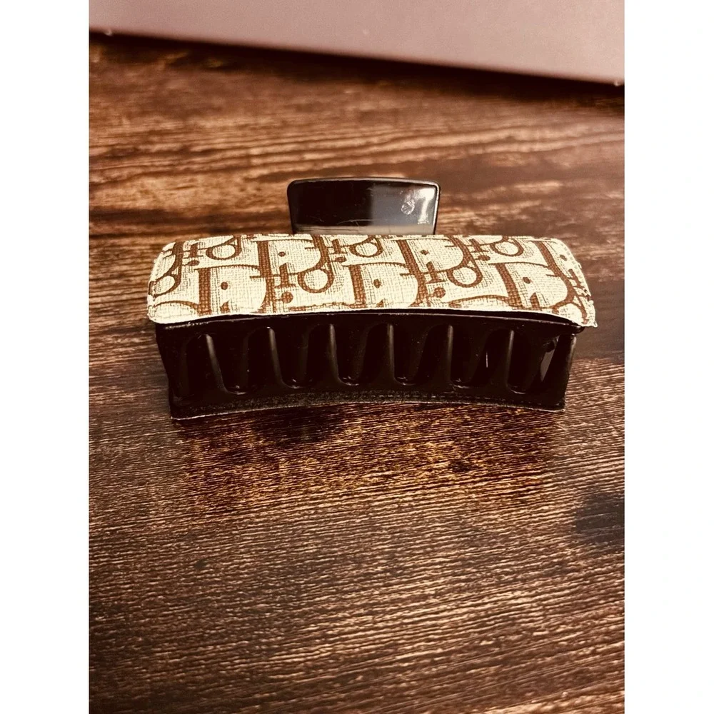 Designer Inspired Monogram Hair Claw Clip - Brown/Beige